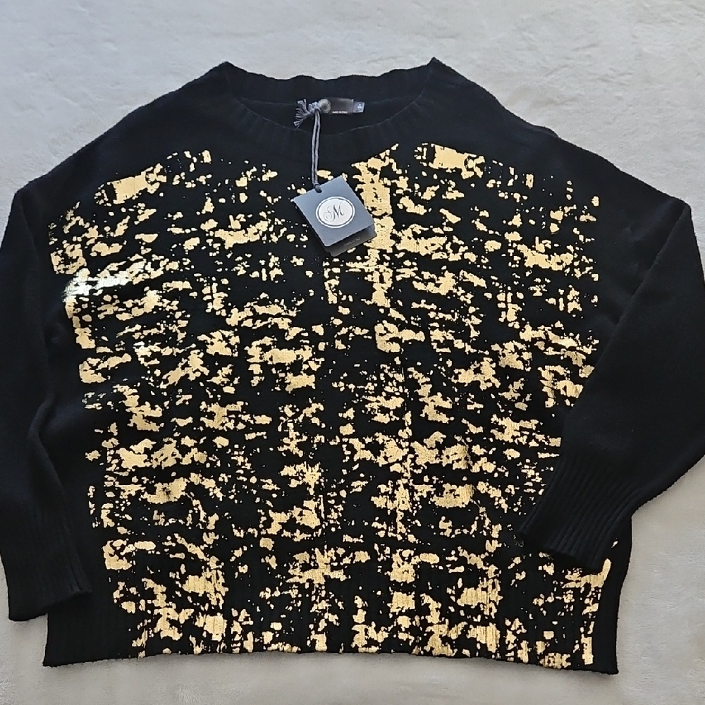 M Made In Italy Gold Foil Print Long Sleeve Crewneck Sweater: Black/Gold:Size- S